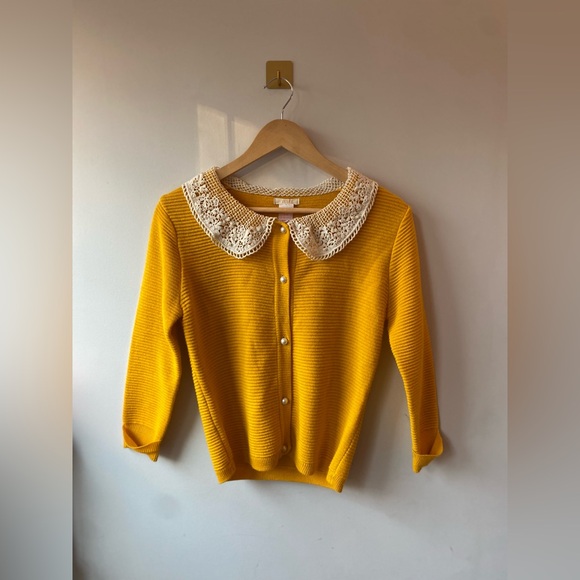 Tulle Sweaters - Tulle | Small Yellow Mustard Lace Collar Faux Pearl Cardigan